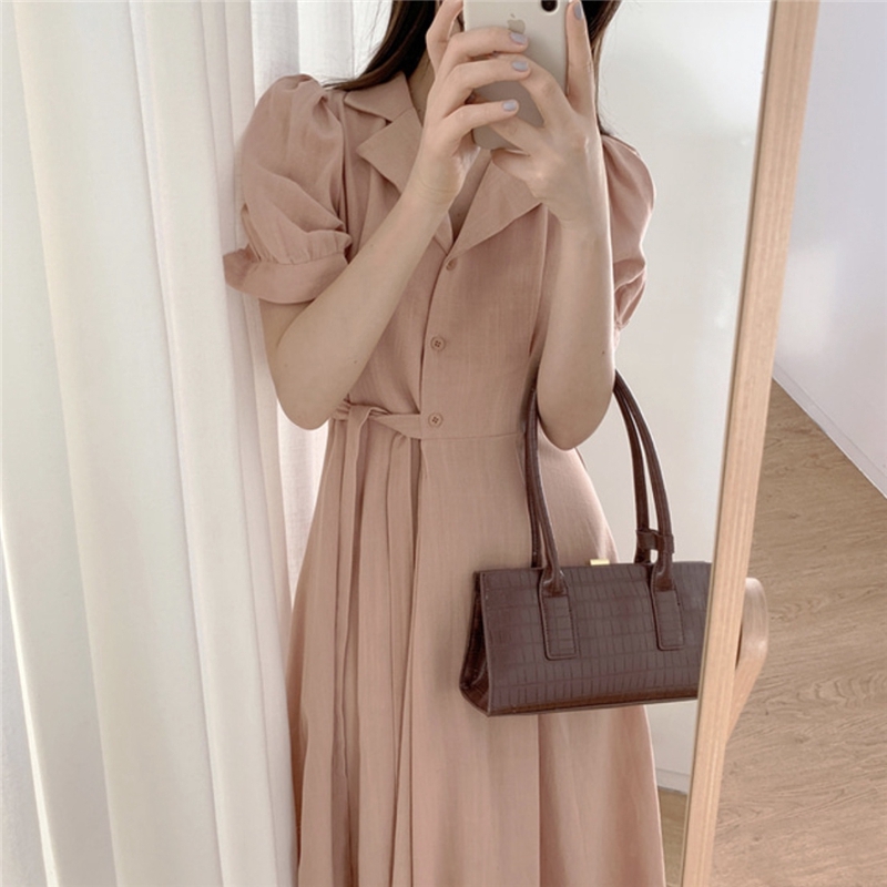 Đầm midi tay phồng cổ chữ V màu trơn xinh xắn dành cho nữ 34756