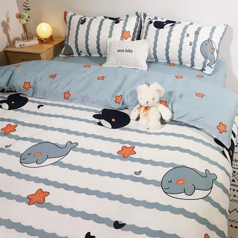 Bộ chăn ga gối cá voi baby Cotton Poly nhập khẩu