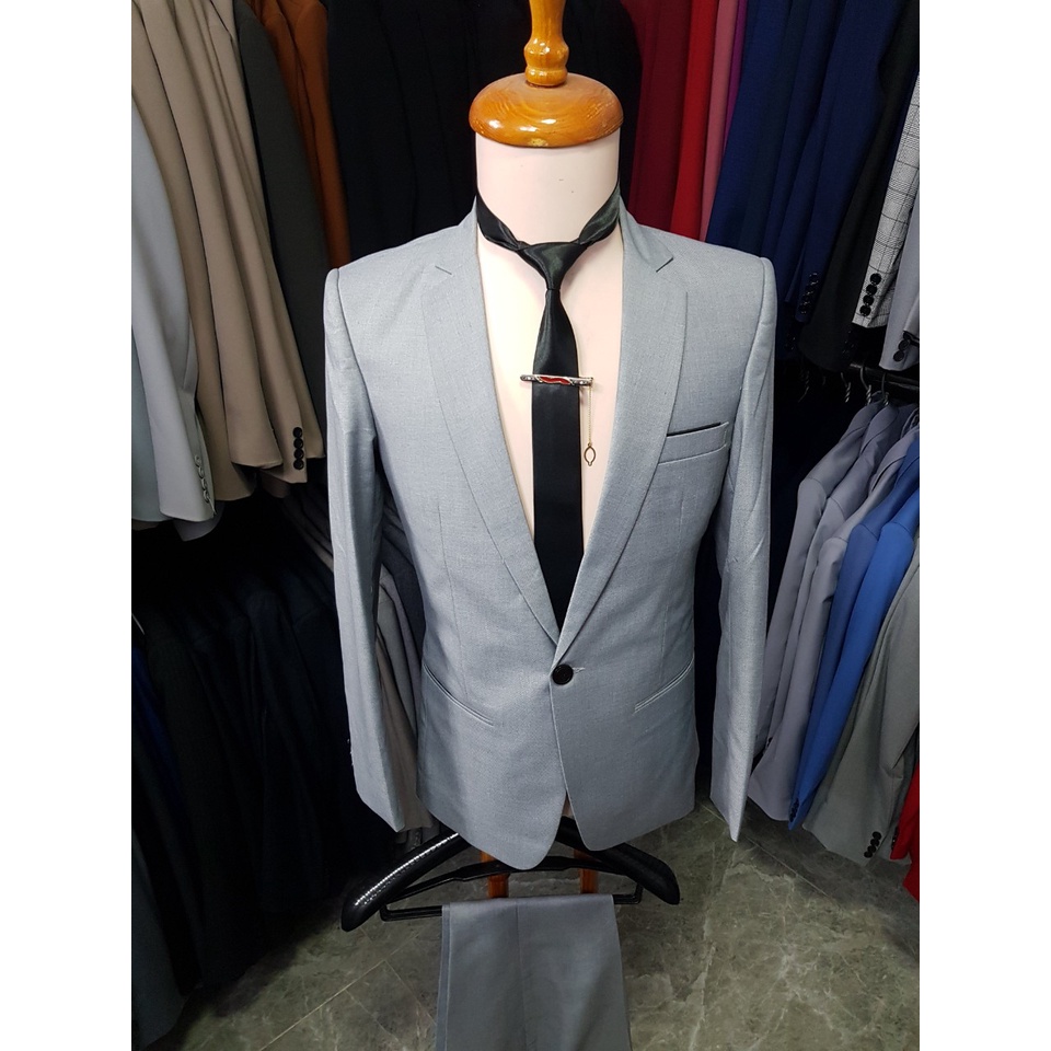 Bộ vest nam màu xám ghi ôm body chất liệu vải dày mịn co giãn tặng cà vạt nơ