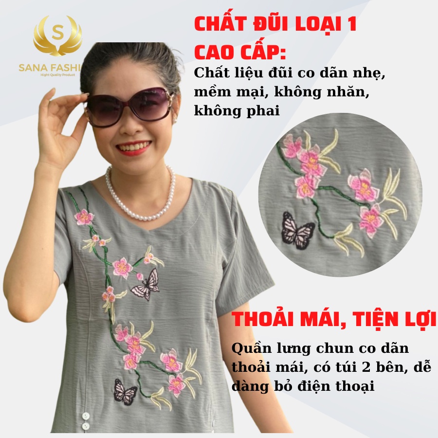 Đồ bộ trung niên cho mẹ mặc nhà ống rộng chất đũi thêu hoa CD.01