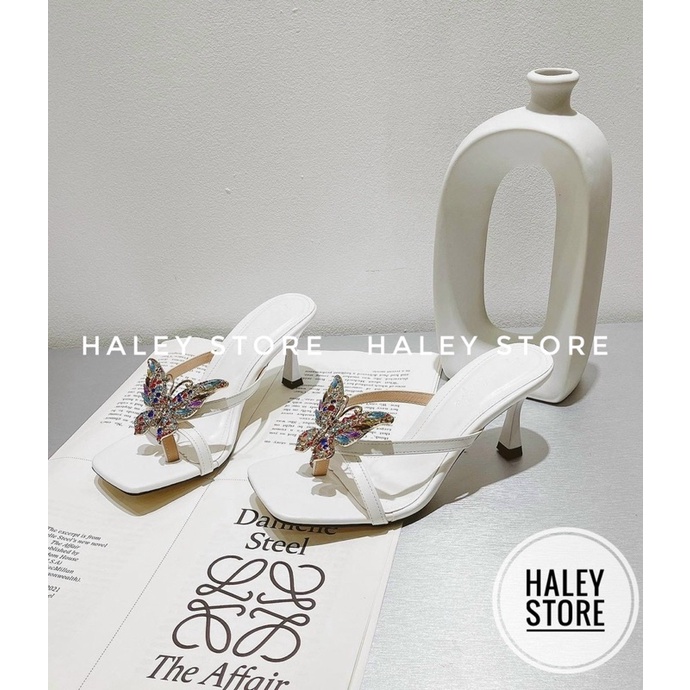 Giày Guốc nữ HALEY STORE 7cm kẹp xỏ ngón đính charm b/ướm đính đá xoàn pha lê lấp lánh đi chơi tiệc cưới rẻ bền đẹp