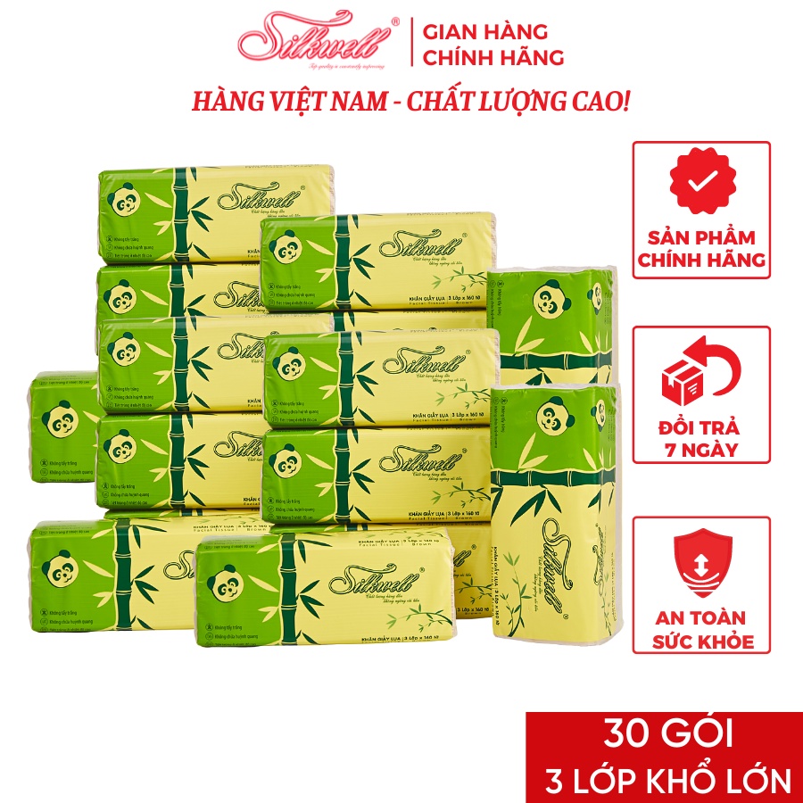 Combo 30 Giấy ăn gấu trúc Silkwell 160 tờ 3 lớp siêu dai không tẩy trắng hàng chính hãng