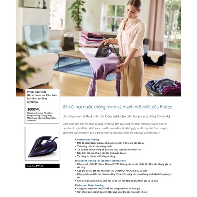 Bàn ủi hơi nước Cảm biến phun hơi tự động DynamiQ Philips GC5039 /30 - Hàng chính hãng - Bảo hành 24 tháng