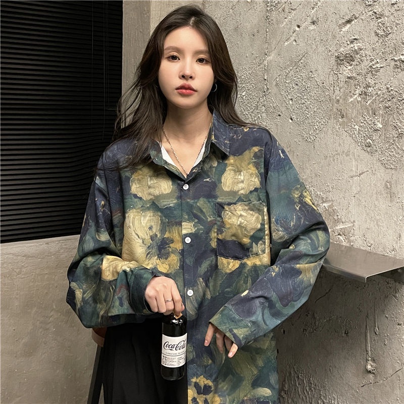 Áo Sơ Mi Dáng Rộng In Họa Tiết Màu Xanh Lá Phong Cách Mới Cho Nữ