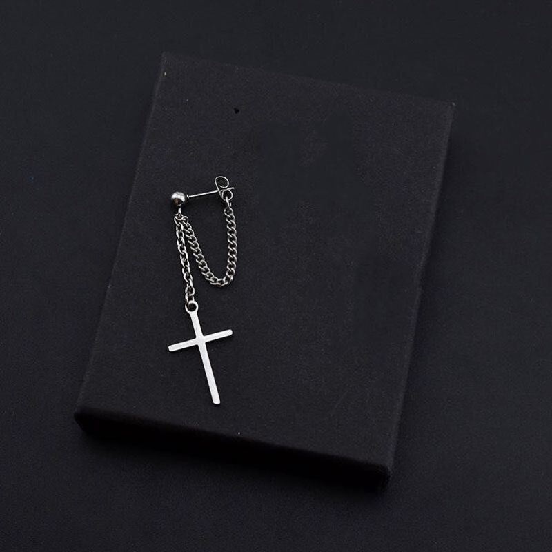 Hoa tai bạc S925 họa tiết thánh giá phối dây xích phong cách bụi bặm cá tính thời trang dành cho nam và nữ