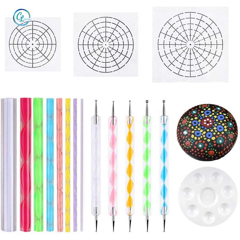Bộ 17 Dụng Cụ Khuôn Họa Tiết Mandala Gồm Bút Bi Và Khay Đựng Sơn