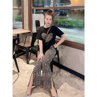 Set bộ áo thun form rộng in tim da beo quần dài da beo sang chảnh k