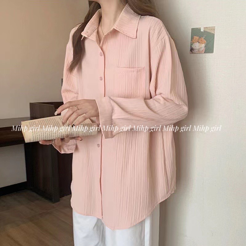 Áo sơ mi oversize vải xốp gân màu pastel thời trang