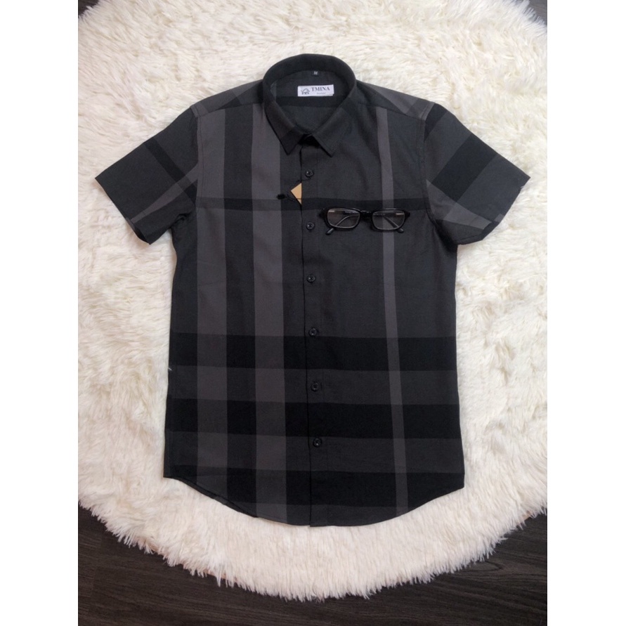 Áo sơ mi nam cộc tay họa tiết kẻ to BBR chất cotton xịn màu đen