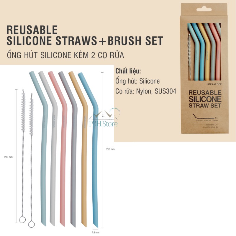 Bộ 6 ống hút silicone Lock&Lock TLL080 kèm 2 cọ rửa | BigBuy360 - bigbuy360.vn