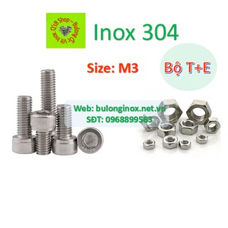 Bulong lục giác chìm đầu trụ size M3  inox bộ Thân + Ecu (Bộ TE) , ốc đầu trụ , ốc lục lăng đầu trụ inox, inox 304
