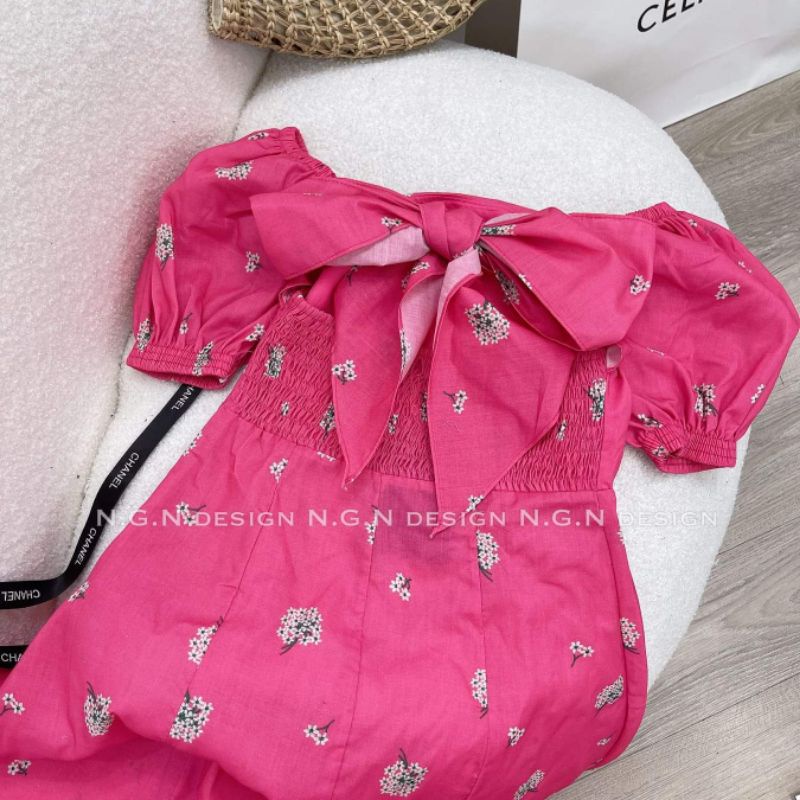 Váy hoa cổ vuông nơ lưng