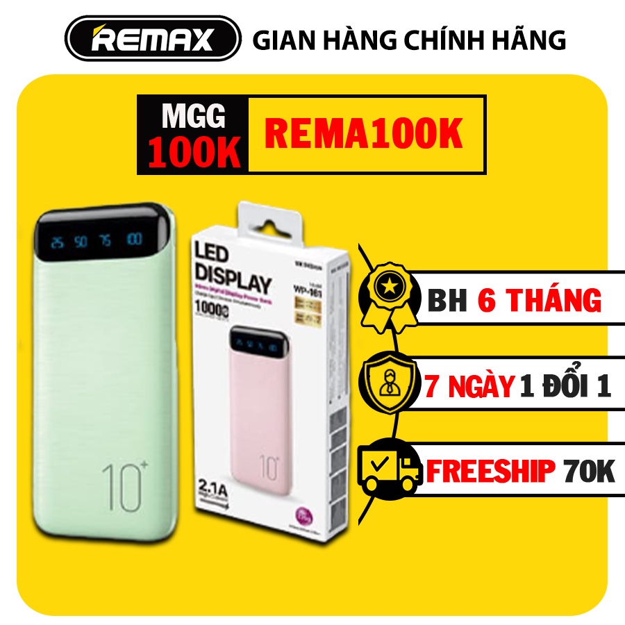 Sạc dự phòng chính hãng Remax WP 161 10000mAh sạc 2 thiết bị cùng lúc, cho điện thoại Samsung, Iphone, Ipad