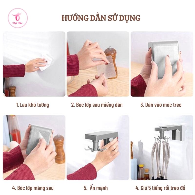 Móc dán tường chịu lực, siêu dính, treo đồ nhà bếp, 6 nhánh, xoay 360 độ, nhựa abs cao cấp Việt Thư