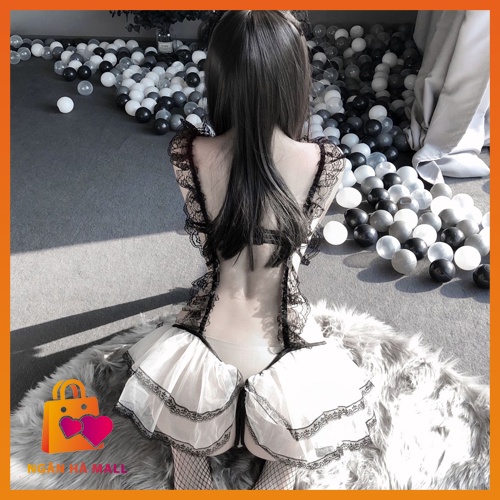 Cosplay cô giúp việc sexy dễ thương full phụ kiện: 2 vòng ren đeo tay, cài tóc đính nơ dễ thương, đôi vớ lưới như hình