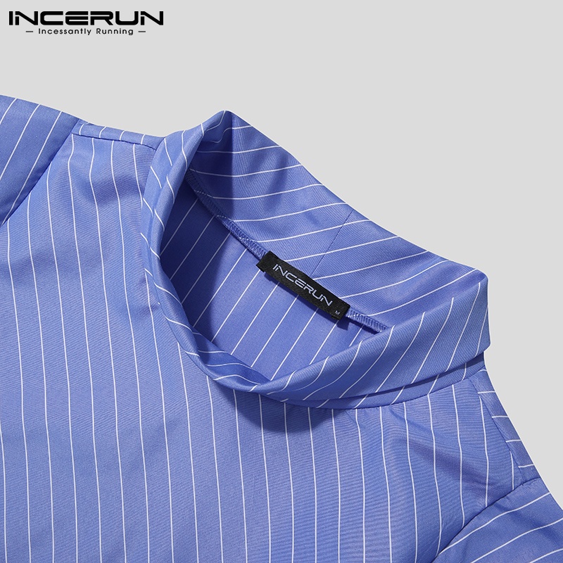 Áo INCERUN họa tiết sọc kiểu dáng không đồng đều tay dài cổ cao dành cho nam
