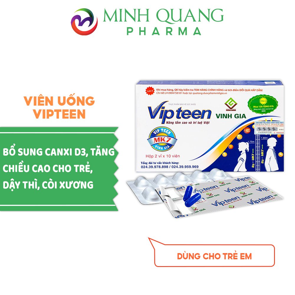 Viên uống VIPTEEN bổ sung canxi D3, tăng chiều cao cho trẻ em từ 10 tuổi, dậy thì, còi xương hộp 20 viên