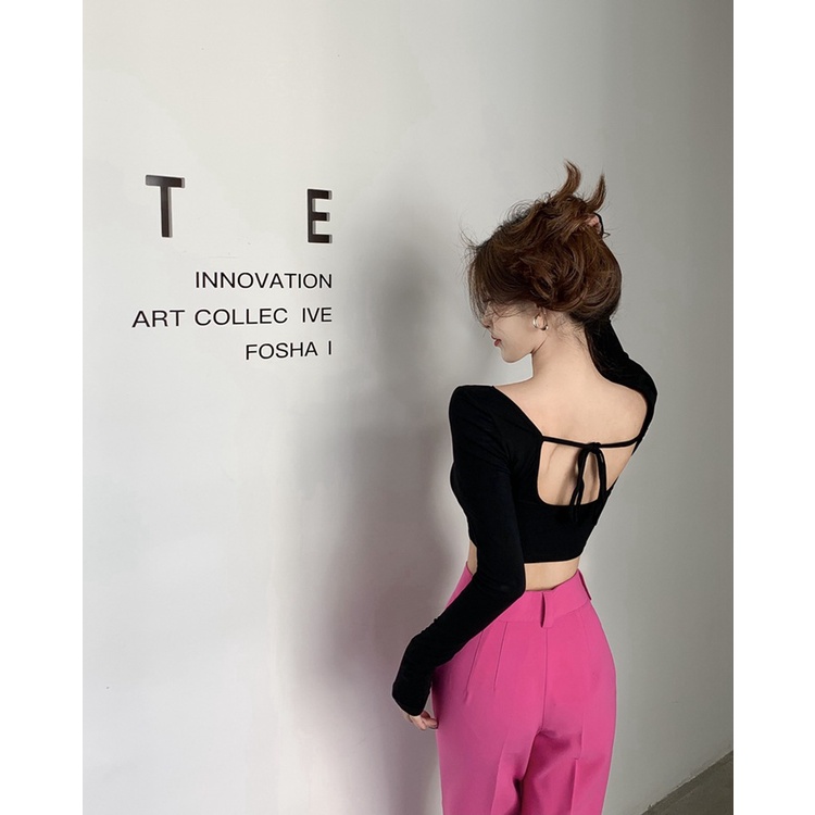 Áo Thun Nữ Dài Tay Cổ Vuông Dây Đan Chéo Sau Lưng Gợi Cảm