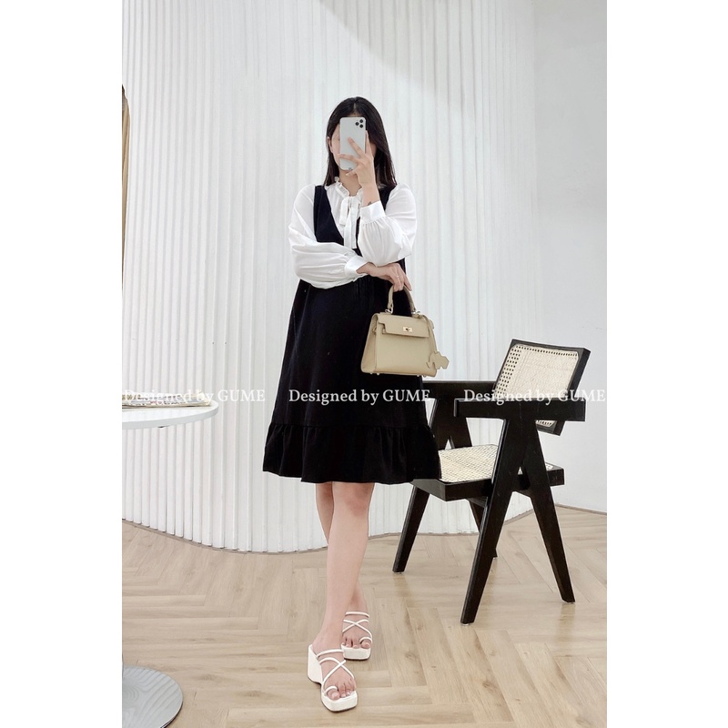 Váy bầu thu đông, đầm bầu thiết kế GuMe- màu đen dáng đuôi cá nhẹ phối trắng giả yếm vải sạn lụa 40-120KG- MB116