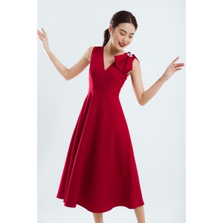 Đầm Cổ V Phối Nơ Màu Đỏ EDINI - D1186