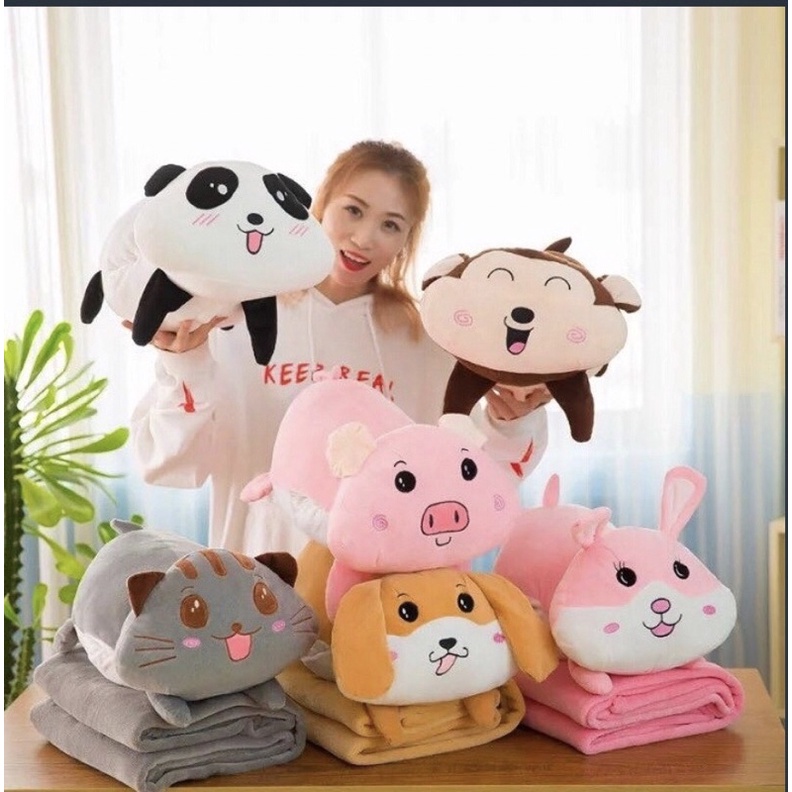 Bộ chăn gối 2 trong 1 hình thú đáng yêu