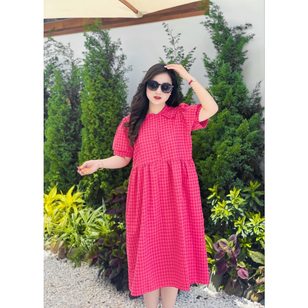 Váy babydoll vải đũi mềm đầm kẻ hồng sen mịn mát from dưới 58kg-Minxy shop