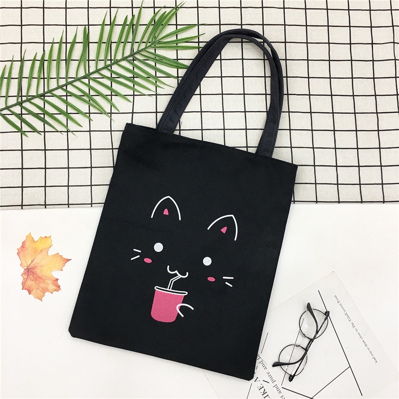 Túi Tote Vải Đen Canvas Đeo Vai Ullzang Hàn Quốc Họa Tiết Dễ Thương JeliShop