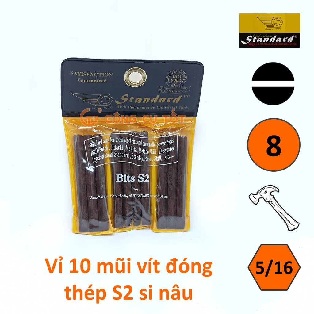 Vỉ 10 mũi vít đóng 2 cạnh Standard si nâu dài 78mm