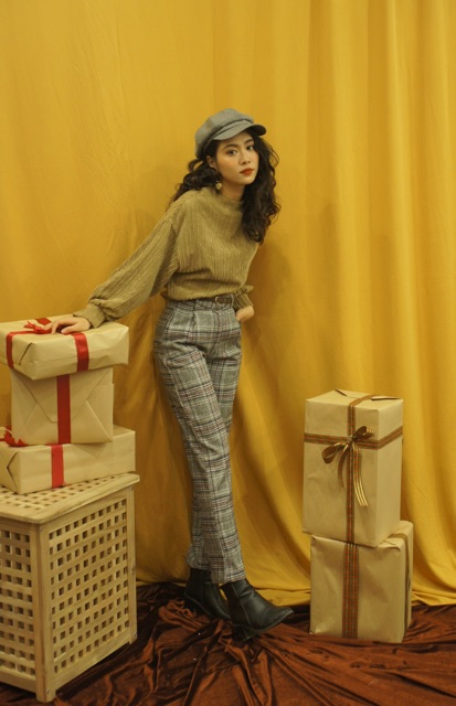 Quần baggy dạ caro màu ghi