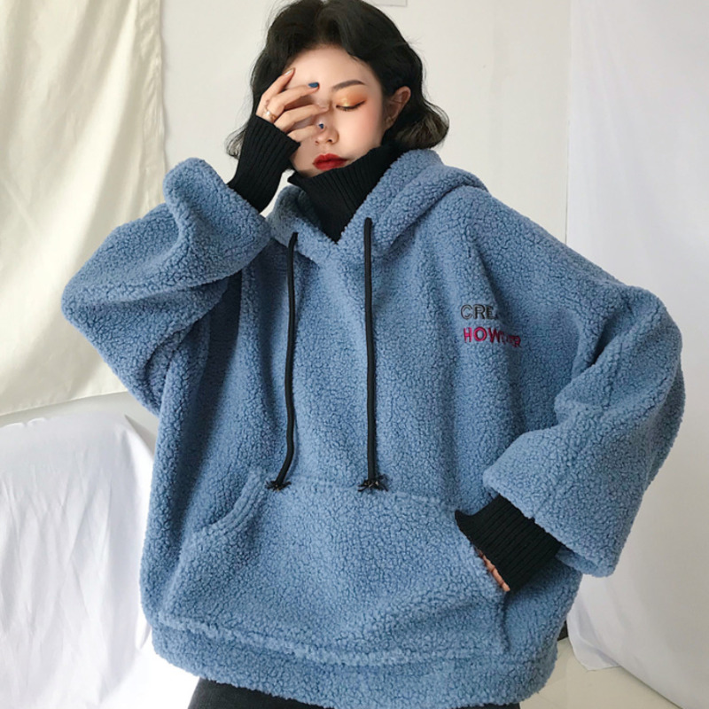 Áo hoodie lông cừu RENJIANVSHENG dáng rộng thời trang cho nữ