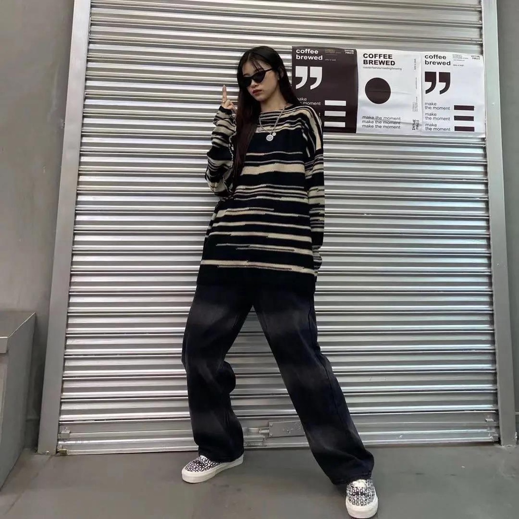 Quần Jean Dài Eo Cao Dáng Rộng In Màu Nhuộm Đen Phong Cách Hàn Quốc Thời Trang Cho Nam Và Nữ