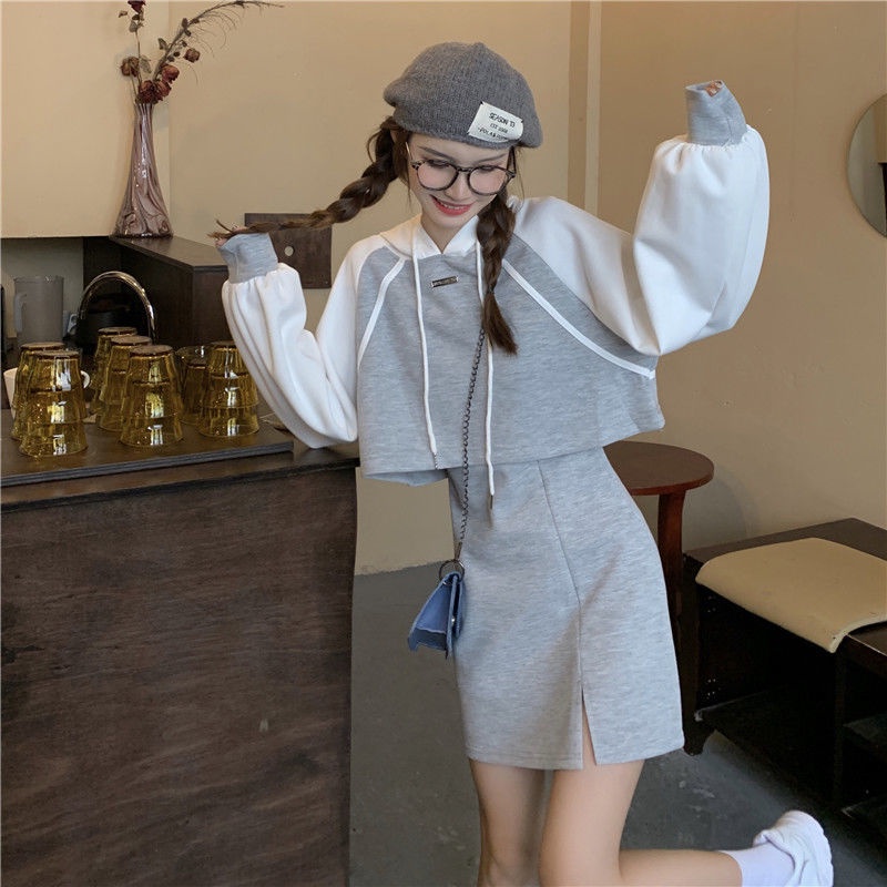Set Đồ Thể Thao Gồm Áo Hoodie + Chân Váy Ngắn Màu Xám Đơn Giản Phong Cách Hàn Quốc Cho Nữ