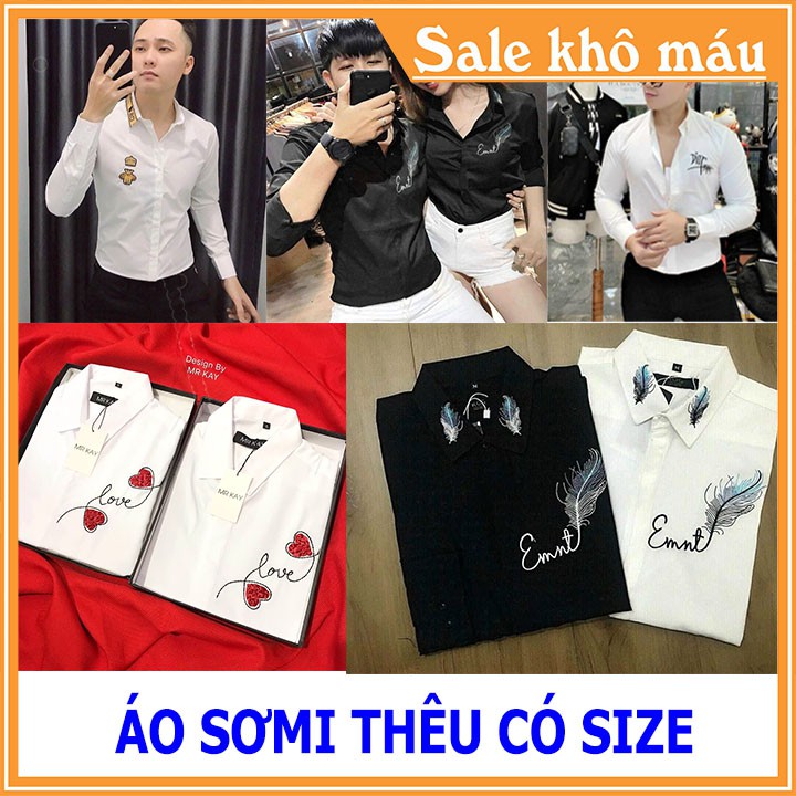 GIÁ SỐC Áo sơ mi tay dài Nam Nữ Cổ bẻ thêu hình trắng và đen - Kiểu sơ mi dài tay form xuông