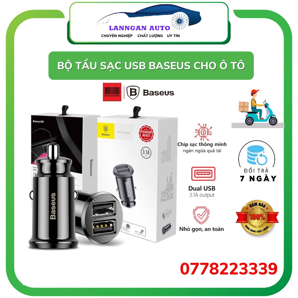 Bộ tẩu sạc USB đa năng dùng cho xe hơi Baseus Mini (5V, 3.1A Fast Charge, 2 cổng USB Car Charger)