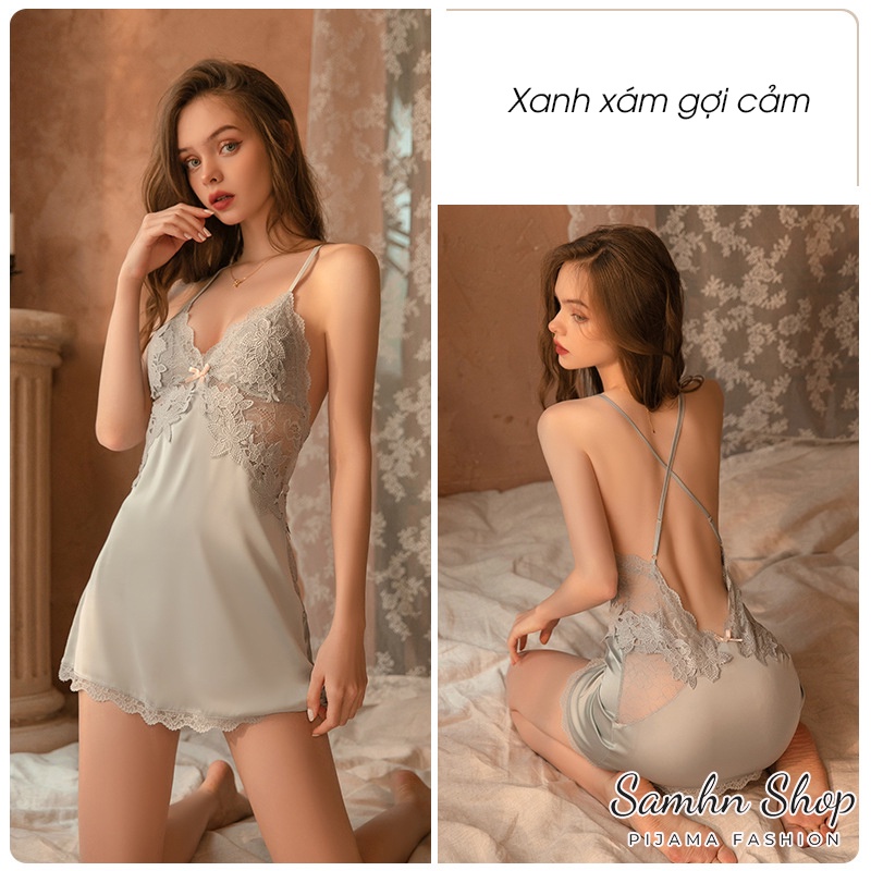 Váy ngủ sexy gợi cảm 2 dây lụa santin vải ren, đồ ngủ sexy mặc nhà, Samhn shop | BigBuy360 - bigbuy360.vn