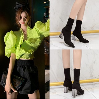 Giày boot len cổ ngắn đế kim loại màu đen GBĐT-04B3