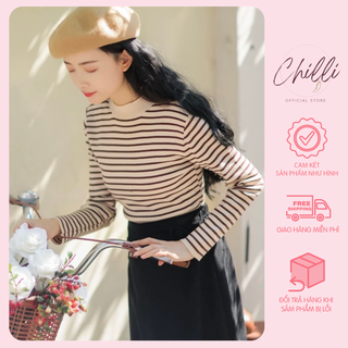 Áo len nữ dệt kim kẻ ngang cổ xoăn Quảng Châu P708