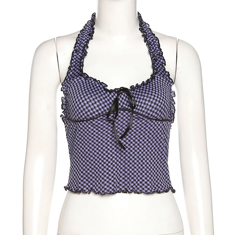 Áo Tank Top Hở Lưng Thắt Nơ Họa Tiết Sọc Caro Thời Trang Cho Nữ