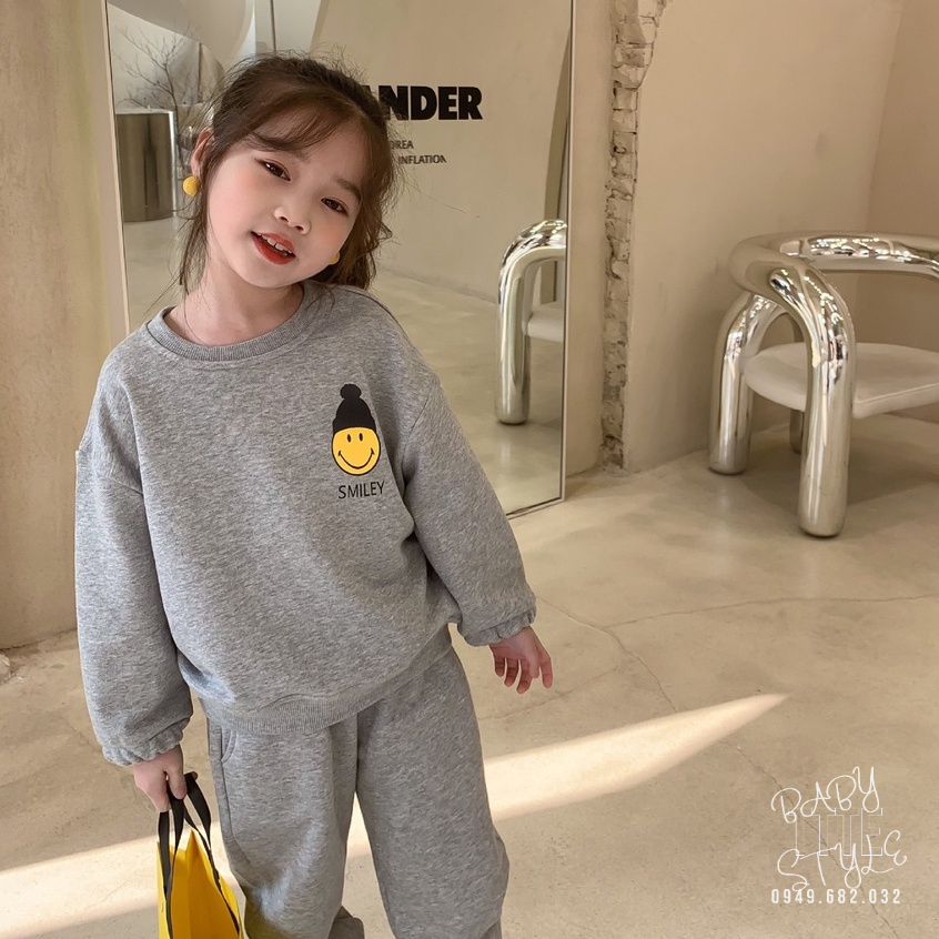 Bộ quần áo nỉ thu đông &quot;SSMILE&quot; 14-45kg cho bé gái 4-14 tuổi. Vải da cá dày dặn. Thoải mái. G38