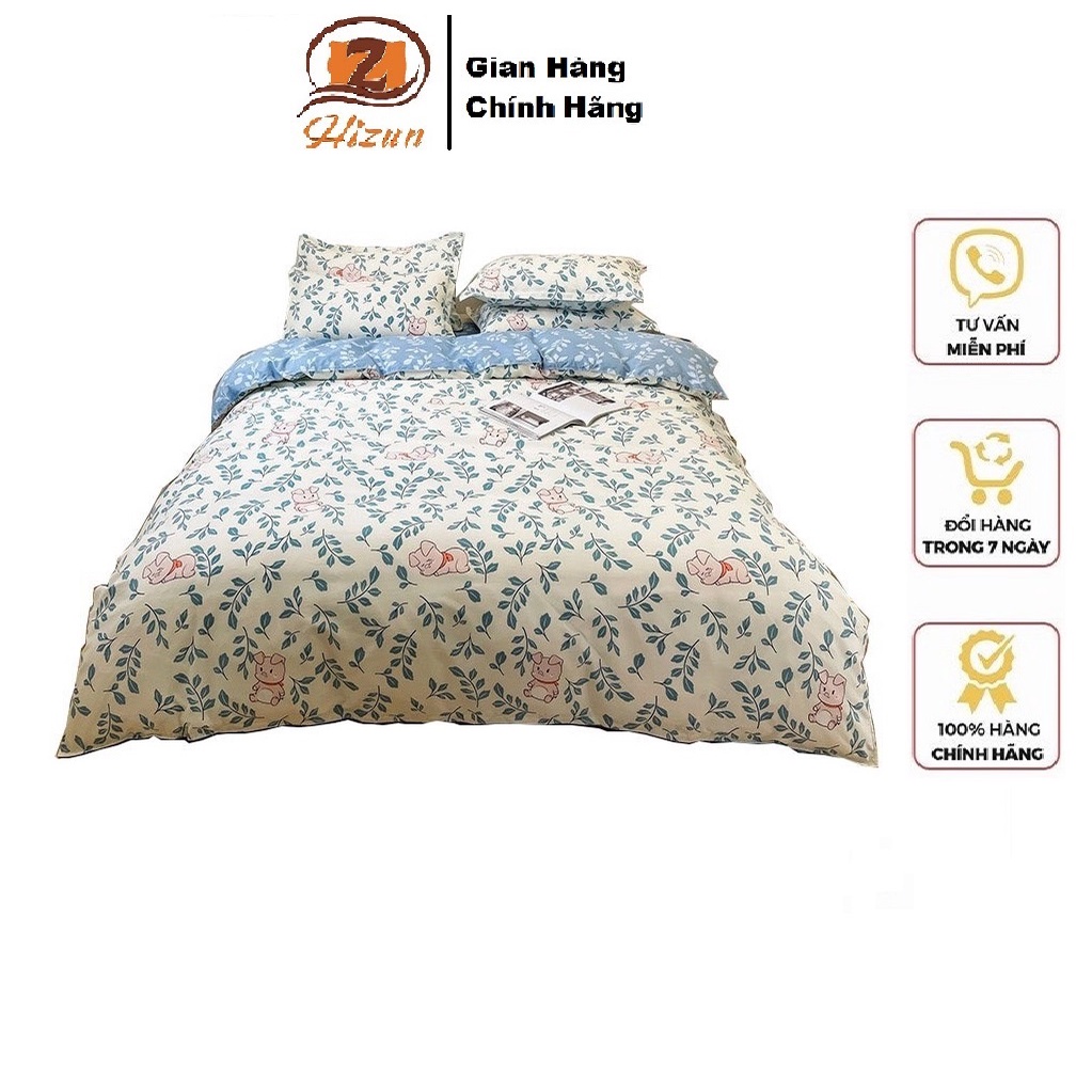 Bộ Chăn Ga Gối Cotton Poly Hizun Mẫu Hoa Heo Xanh