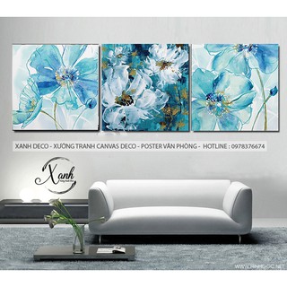 Bộ tranh canvas hoa xanh sơn dầu tuyệt đẹp khổ vuông trang trí nội thất