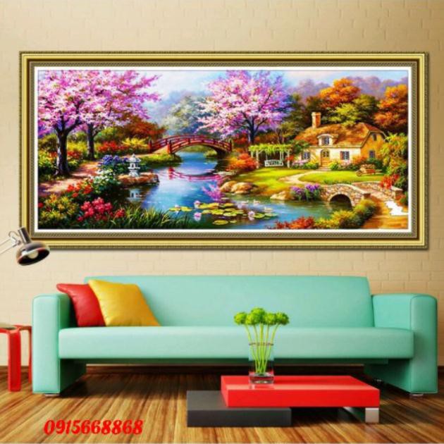 sale sốc Tranh thêu chữ thập ngôi nhà mùa xuân ấm áp tuyệt đẹp kt 160*90cm tranhđẹp