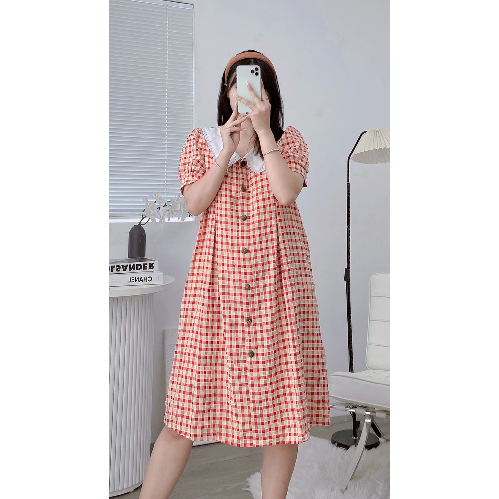 Váy Bầu mùa hè Bigsize Gume Đầm Bầu Dáng Suông Cổ viền Ren, Tay Bồng, Vải thô cotton kẻ caro cực mát GM027