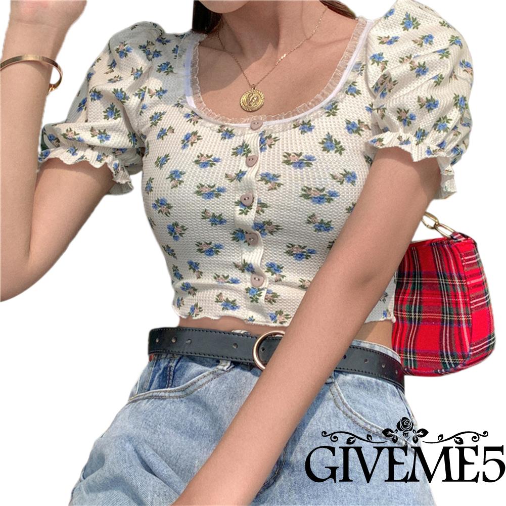 Áo croptop tay phồng in họa tiết hoa xinh xắn thời trang cho nữ | BigBuy360 - bigbuy360.vn