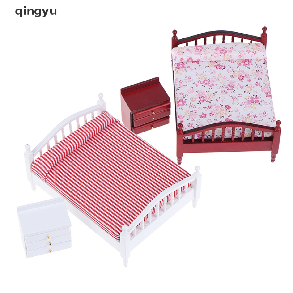 1 Giường Đôi + 1 Bàn Đầu Giường Mini Tỉ Lệ 1: 12 Trang Trí Nhà Búp Bê