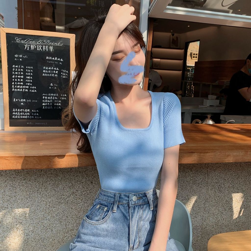 Áo Sweater Tay Ngắn Cổ Vuông Form Ôm Thời Trang Phương Tây