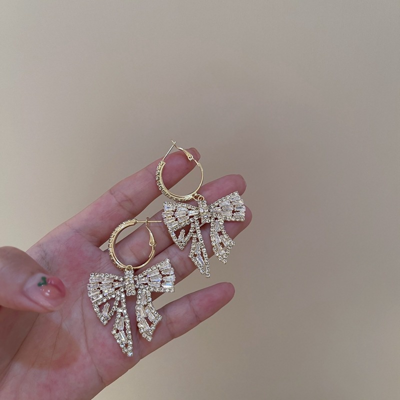 Đôi khuyên tai mạ bạc 925 hình nơ đính kim cương giả sang trọng