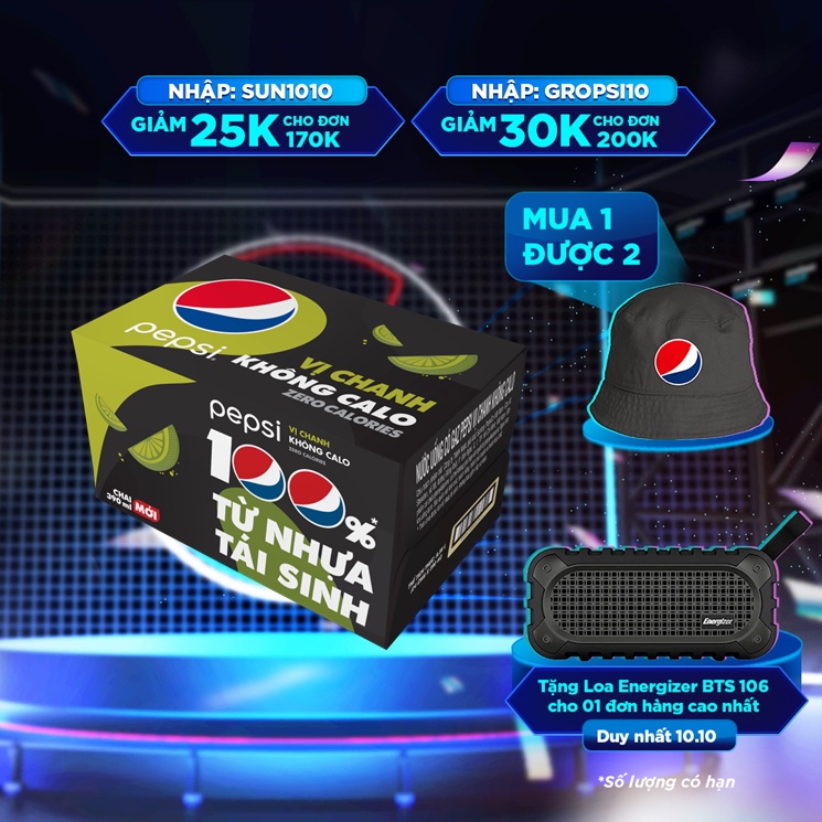 Thùng 24 Chai Nước Ngọt Có Gas Pepsi vị chanh không calo (390ml / Chai)