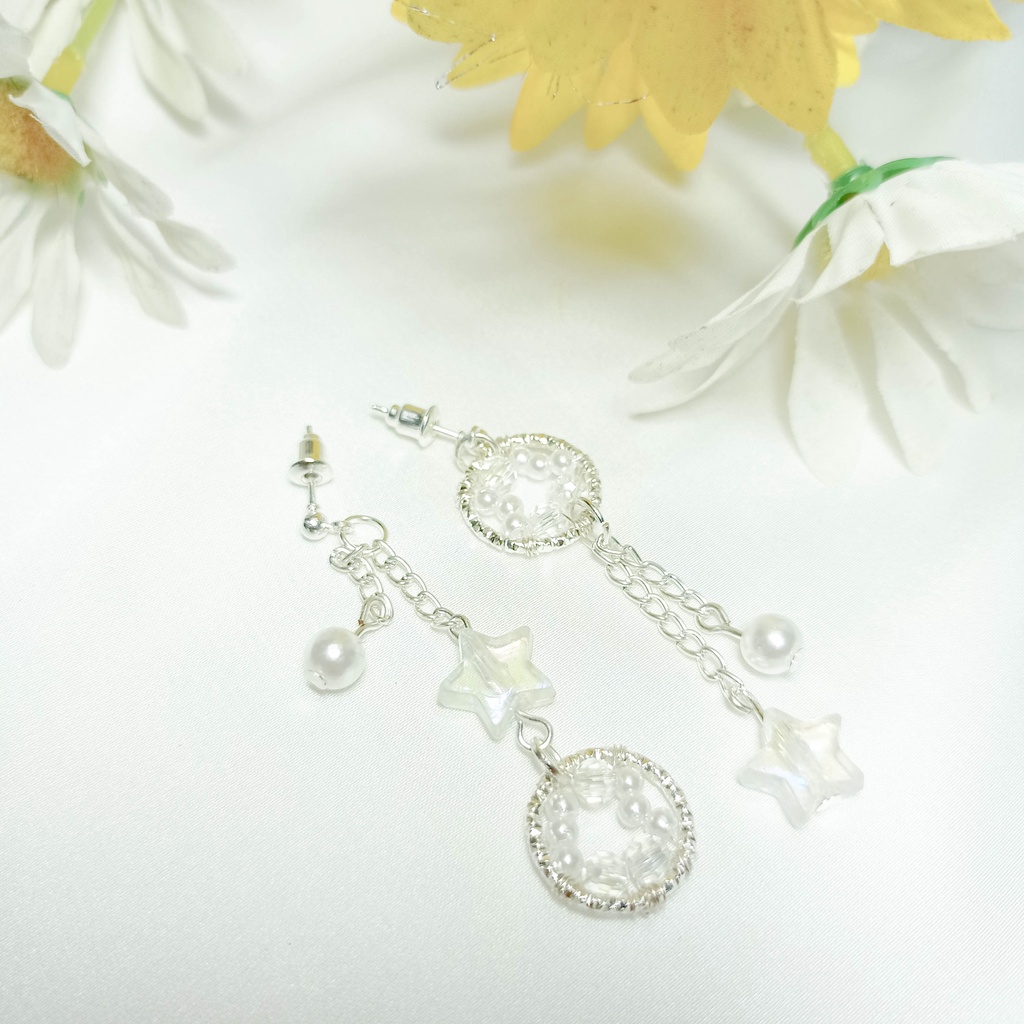 Bông tai nữ BLINGBLING Hàn Quốc xích thả khung tròn hạt ngọc lấp lánh phối sao, hoa tai thanh tiểu thư, phụ kiện H09