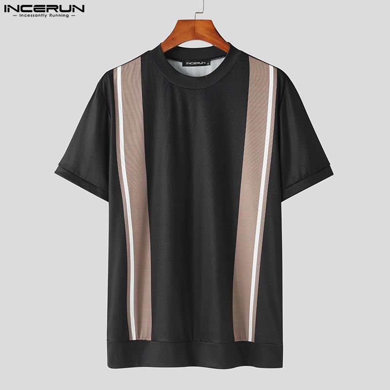 Áo thun INCERUN tay ngắn cổ tròn họa tiết kẻ sọc thời trang cho nam